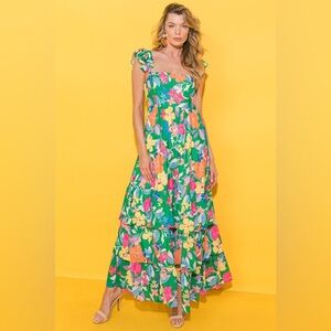 Green Floral Print Sleeveless Ruffle Tiered Maxi Dress